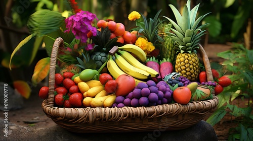 Assorted tropical fruits in a basket. A vibrant mix of exotic fruits, showcasing the richness of colors, flavors, and healthy choices © Rabbi