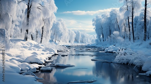 Snowy landscape. A winter wonderland with snow. AI generate illustration