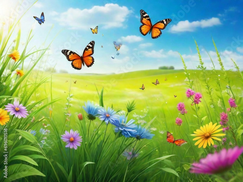 A vibrant meadow with lush green grass and colorful wildflowers, with butterflies fluttering around. An ideal background for a light and airy feel.