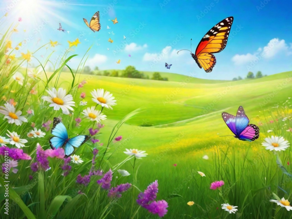 A vibrant meadow with lush green grass and colorful wildflowers, with butterflies fluttering around. An ideal background for a light and airy feel. A vibrant meadow with lush green grass and colorful wildflowers, with butterflies fluttering around. An ideal background for a light and airy feel.