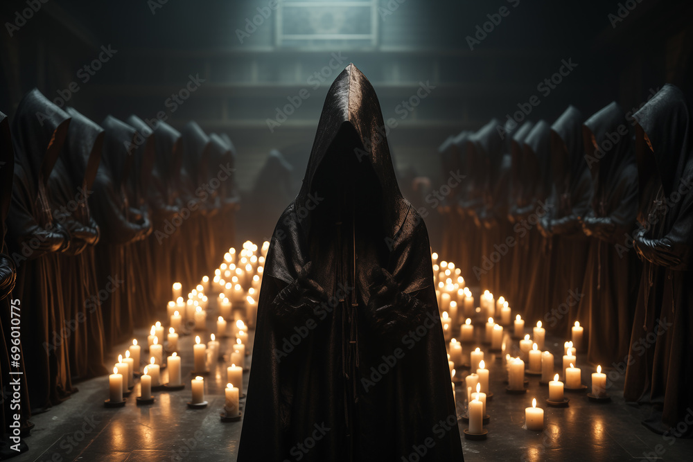 Secret society ceremony, people in hoods praying together. Members of sect perform the ritual in dark hall. Dark Religion and magical Occultism - obrazy, fototapety, plakaty 