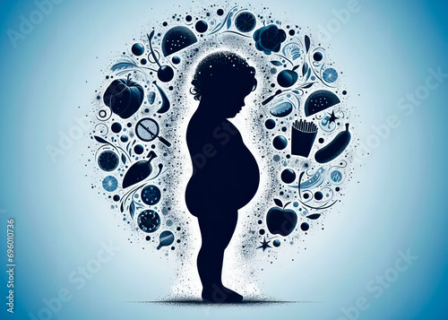silhouette of a child surrounded by icons of food, technology, science, and entertainment.
