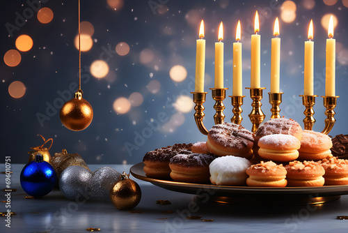 Festive Brilliance: Glittering Chandelier and Menorah Symbolize the Essence of Hanukkah