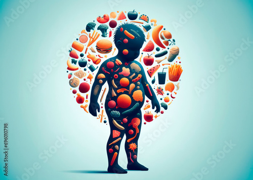 silhouette of a child surrounded by icons of food, technology, science, and entertainment.
