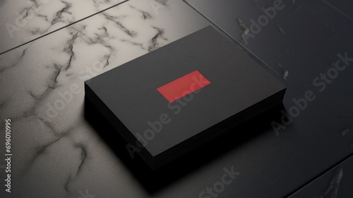 A black box with a red square on a marble floor.  photo