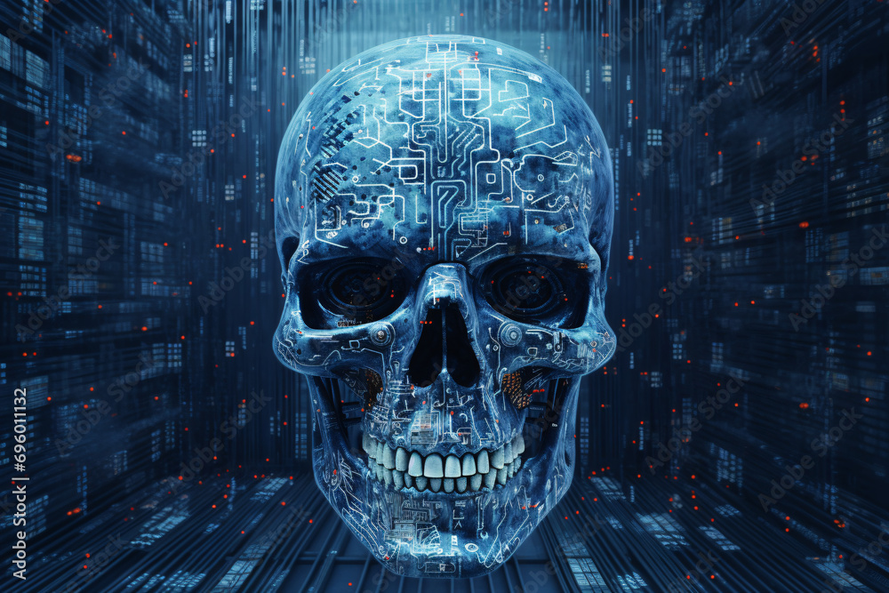 A skull made of digital data, depicting the concept of online hack, hacking attack, cybersecurity or a cyberattack