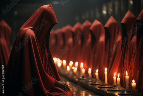 Secret society ceremony, people in hoods praying together. Members of sect perform the ritual in dark hall. Dark Religion and magical Occultism
