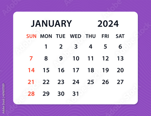 January 2024 Calendar Leaf. Monthly calendar template for 2024 year. Calendar planner for 2024. Colorful wall calendar in English. Mock up Week starts Sunday. Vector illustration