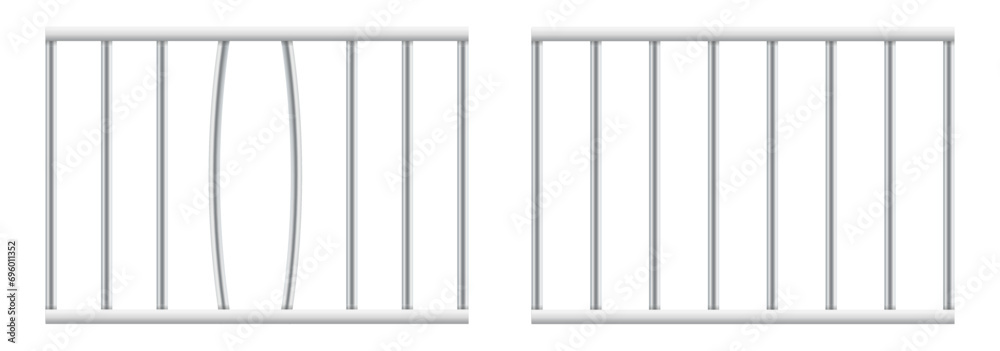 Set of realistic prison metal bars isolated on transparent background. Iron jail cage. Prison fence jail. Template design for criminal or sentence. Metal rods. Steel jail cell. Vector illustration - obrazy, fototapety, plakaty 