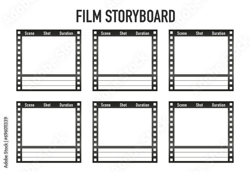 Storyboard layout for film or animation on white background. Professional movie storyboard mockup. Artistic design film story board layout template. Vector illustration