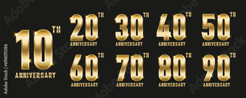 Set of anniversary gold icons. Flat design. Golden Number 3D Style Font. Number golden color for celebration event, invitation, greeting, web template, leaflet and booklet. Vector illustration