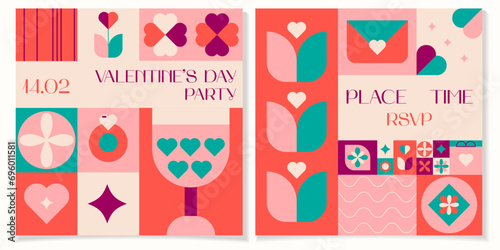 Happy Valentine's day geometric abstract party invitation. Mosaic cards print with hearts, birds, plants and simple forms in a trendy style