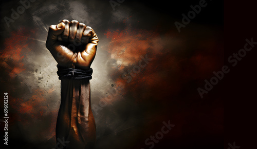 Foto Black Fist Raised in Celebration of Black History Month on dark background with