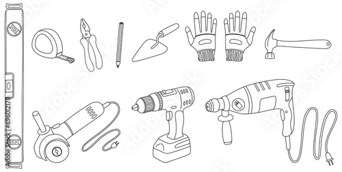 Set of tools for building and repair. Illustration in sketch style collection.