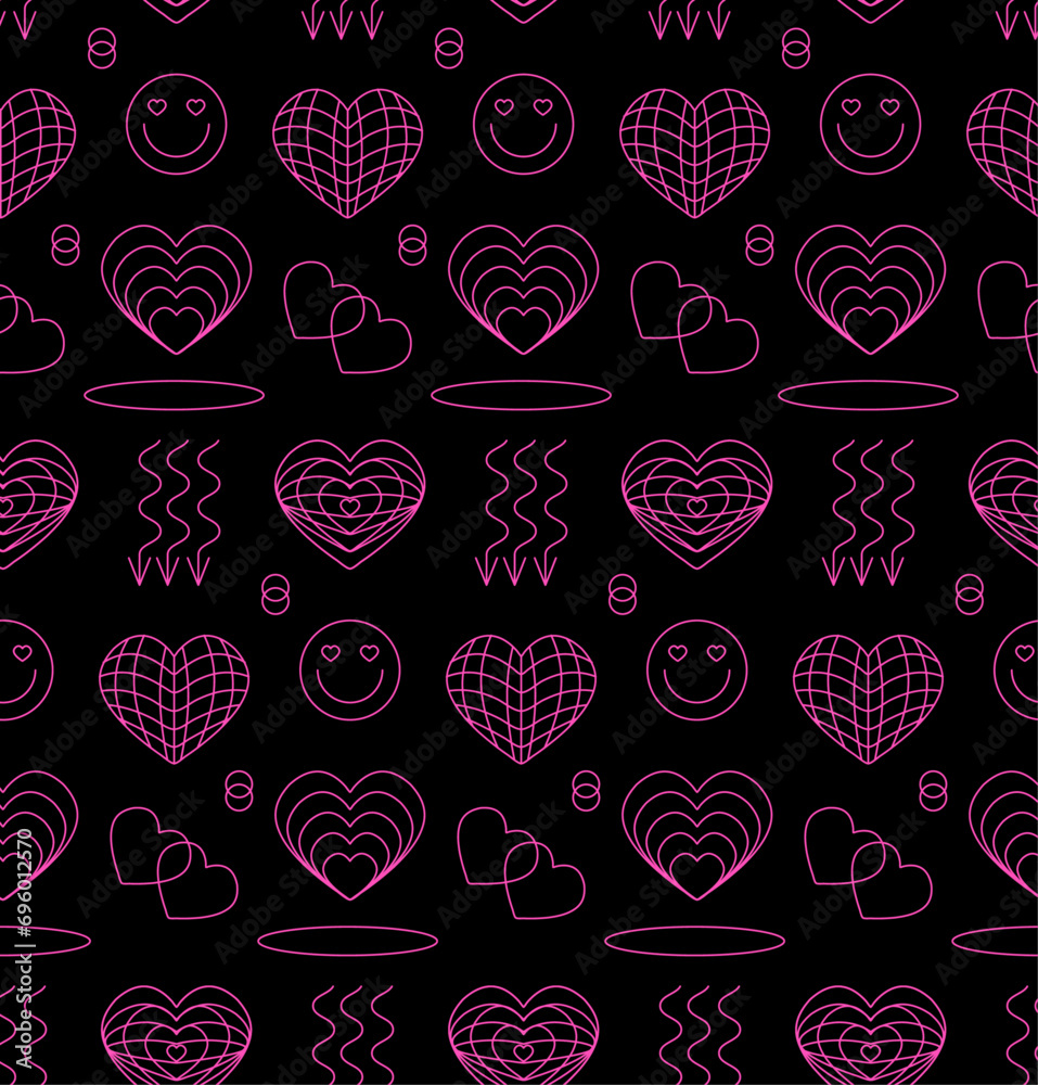 Fototapeta premium Valentine's Day seamless background with neon pink hearts shape, y2k retro element. Vector illustration in 90s, psychedelic style 