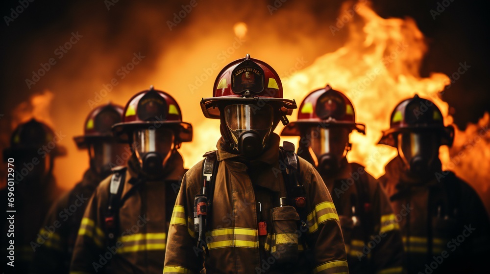 Courageous firefighter in action. A heroic image of a firefighter in full gear extinguishing flames, emphasizing teamwork and bravery in the face of danger