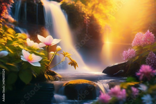 Serenity in nature  Blooming flowers  waterfalls  golden-hour tranquility.