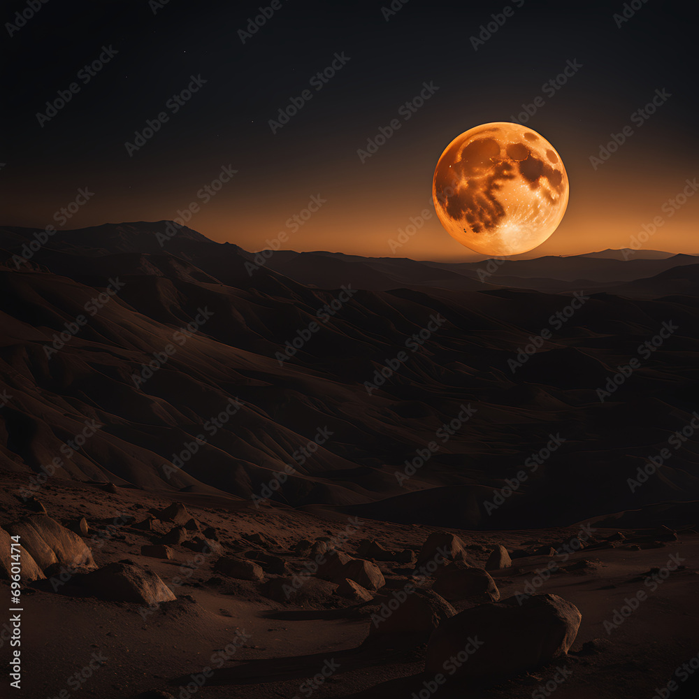 A large orange moon illuminates a barren rocky landscape below, casting shadows across hills as it hovers in the dark isolated sky.