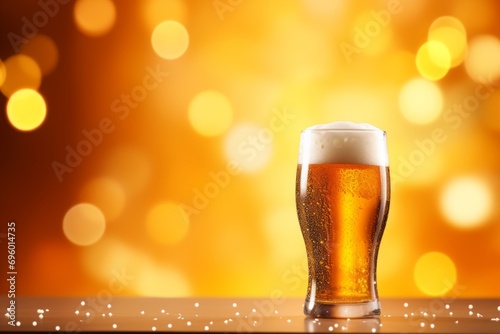Chilled beer with frothy head against a warm bokeh background, perfect for beverage or celebration themes.