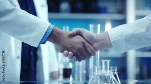 Two scientists shaking hands in a lab setting, symbolizing professional agreement or collaboration.