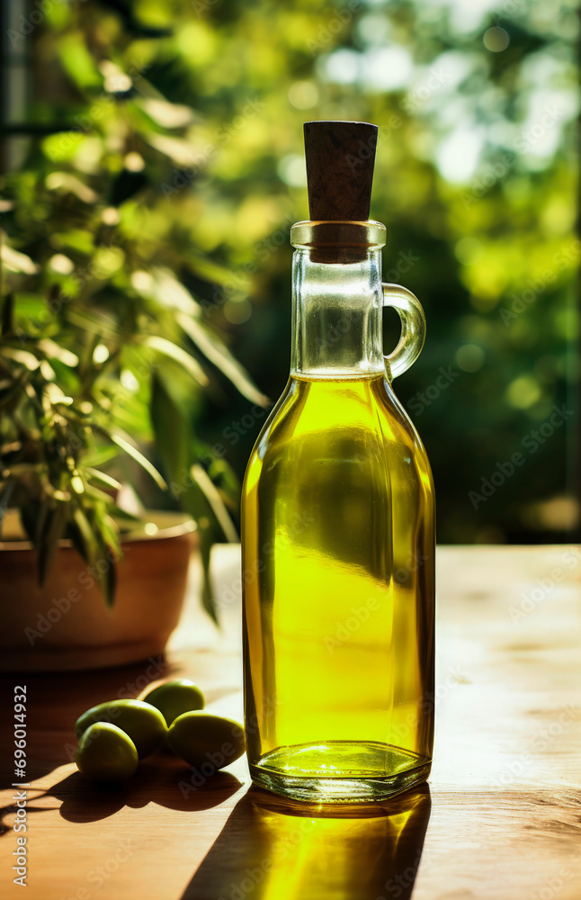 Generative Ai illustration of extra virgin olive oil bottle Generative Ai illustration of extra virgin olive oil bottle