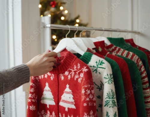 Woman's hand choosing Christmas sweater from rack near white wall, closeup