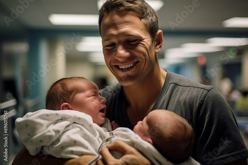 A father holds newborn twins in his arms against the backdrop of a hospital. Generative AI