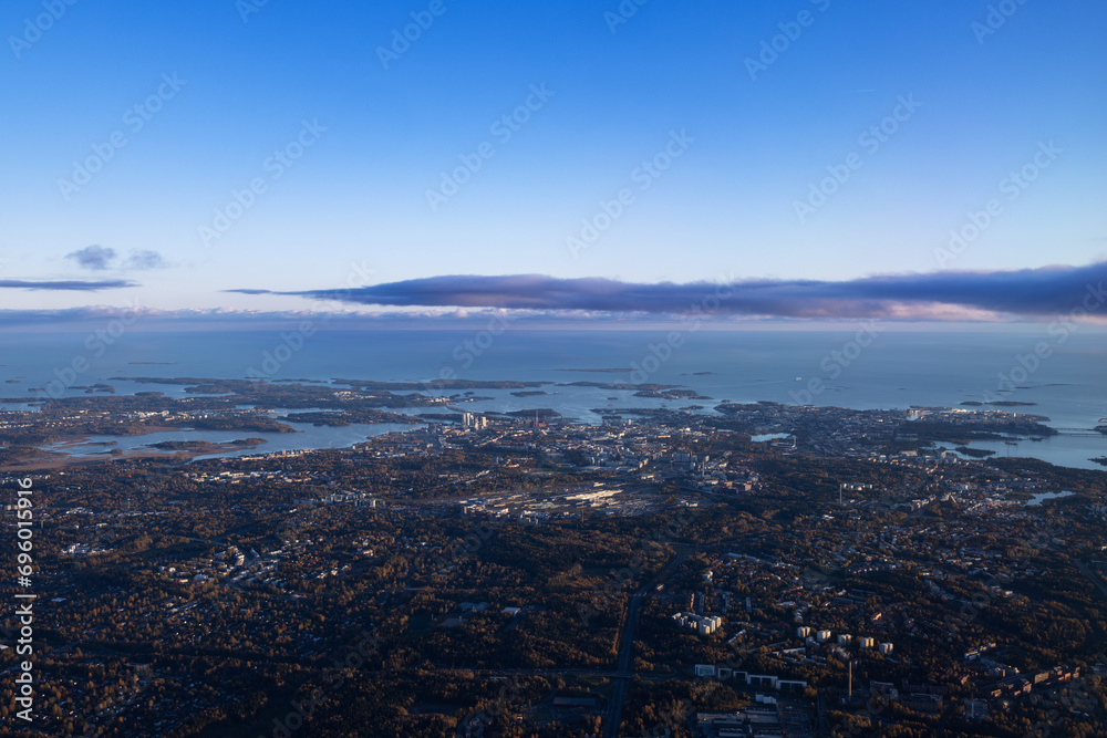 City of Helsinki and the Gulf of Finland from the plane window during takeoff
