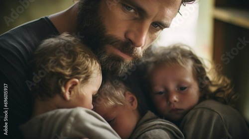 A father with many children hugs his three children. Close-up. The children cuddle up to their father. Generative AI