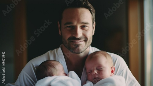 Father holds newborn twins in his hands on a dark background. Generative AI