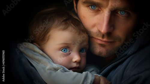Close up portrait of black dad and baby. Father's love. Happy new dad. Parental tenderness. Blue-eyed father and son. Generative AI