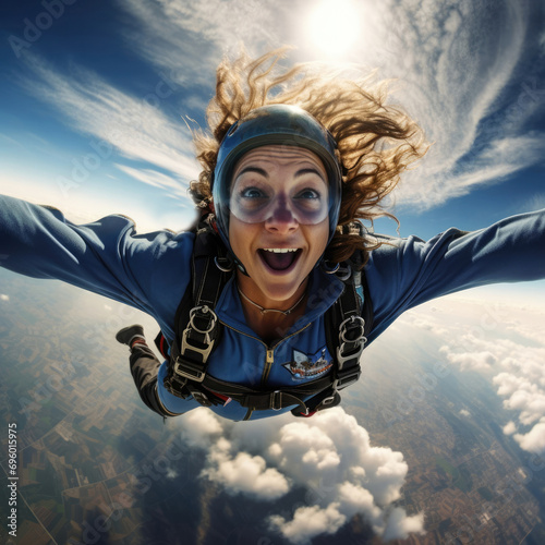 beautiful young woman jumps with a parachute, flies in the sky, screams and laughs