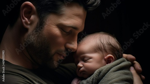 Close-up portrait of dad and baby. Father's love. Happy new dad. Parental tenderness. Generative AI