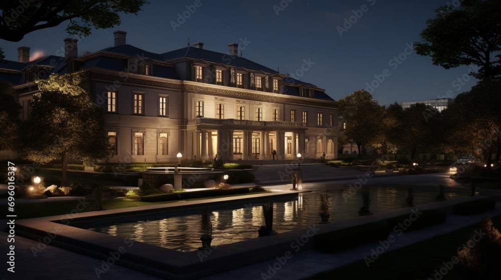 Ambassador's residence lit up at night, an elegant representation of international relations