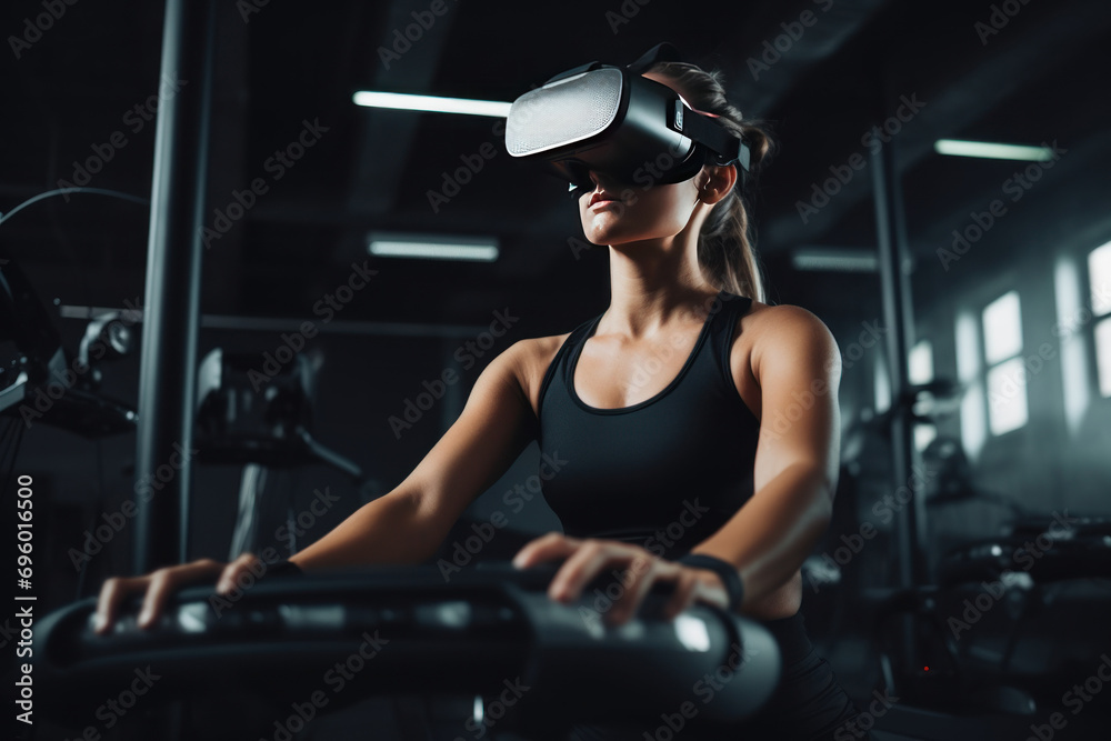 Woman wearing VR goggles and practicing Pilates on a Pilates bed and using VR to move better Woman wearing VR goggles and practicing Pilates on a Pilates bed and using VR to move better