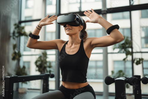Woman wearing VR goggles and practicing Pilates on a Pilates bed and using VR to move better
