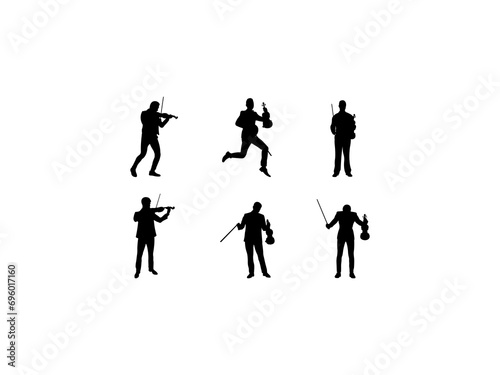 Set of Violinist Silhouette in various poses isolated on white background
