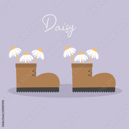 Flat Design Illustration with Hiking Boots and Daisy