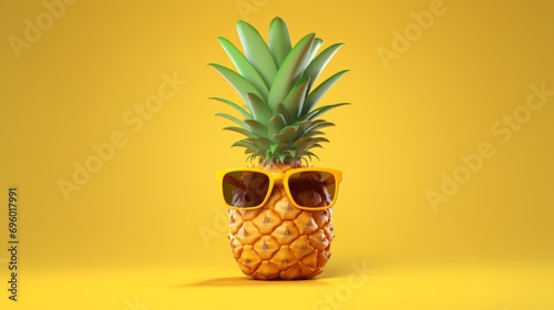Cheerful and happy pineapple with glasses. Smiling anthropomorphic fruit in sunglasses on yellow background