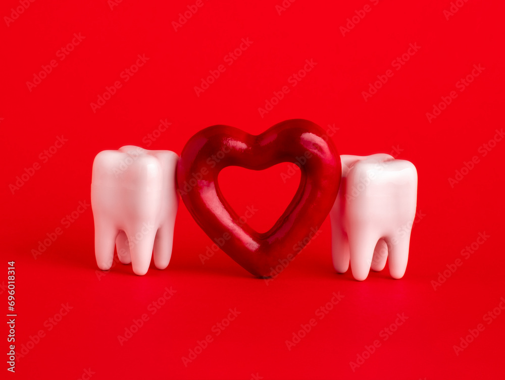 Two teeth and red heart on red background. Oral care and St. Valentine's day concept.