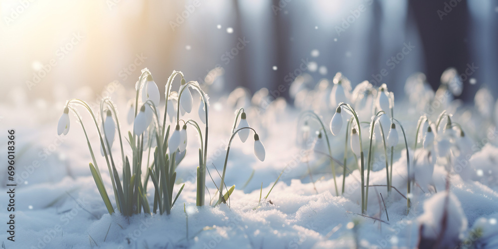 Snow-covered snowdrops in a winter meadow, highlighting the delicate and small details of the season. - obrazy, fototapety, plakaty 