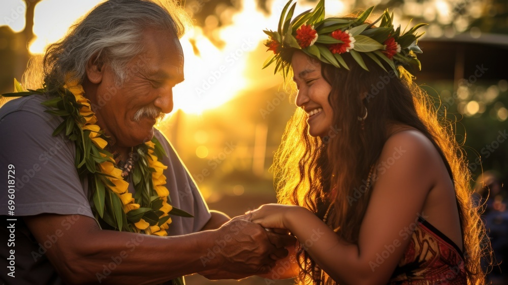 Generational Bonding through Hooponopono Forgiveness Practice. An elder and a young woman share a moment of Hooponopono, the Hawaiian practice of forgiveness and emotional healing. - obrazy, fototapety, plakaty 