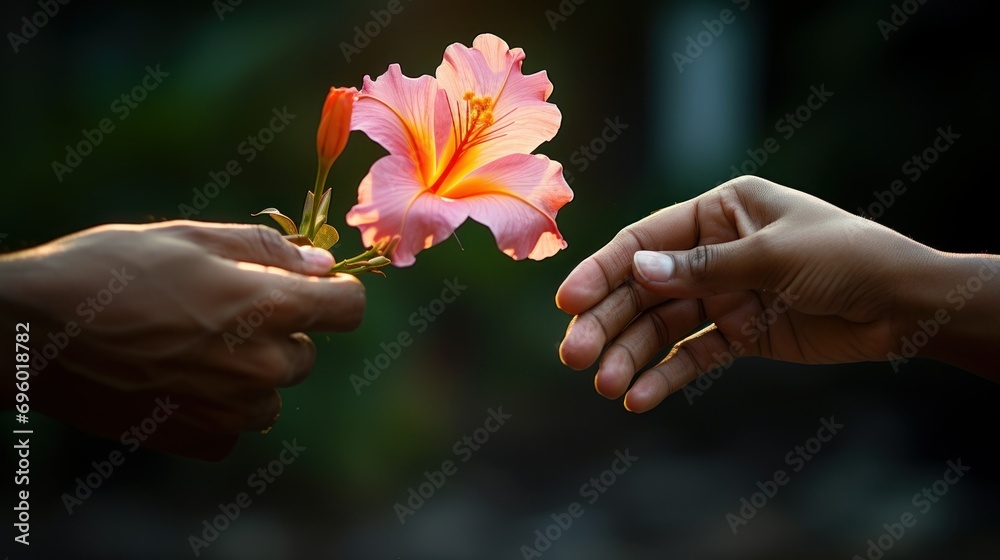 Hands Sharing a Hibiscus Flower in a Gesture of Forgiveness. Two hands come together to exchange a white hibiscus flower, symbolizing act of forgiveness and reconciliation in peaceful naural setting