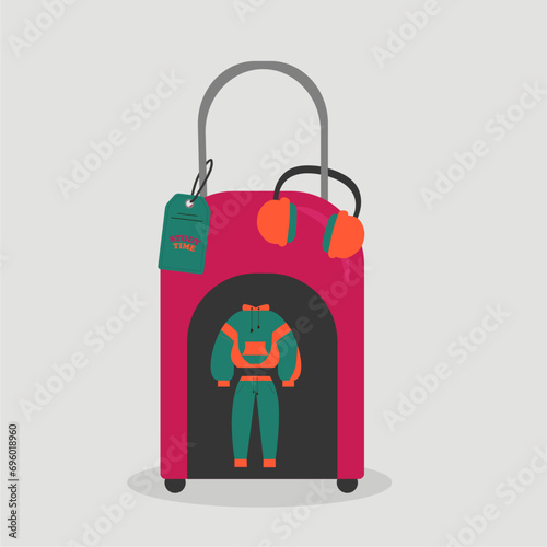 Flat Design Illustration with Valise and Tracksuit , Tag,HeadPhone