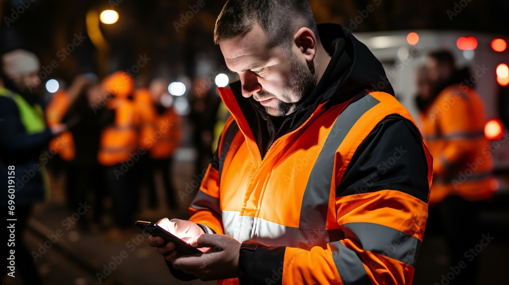Male worker at a construction site using a smartphone. Suitable for concepts related to construction, technology, and communication