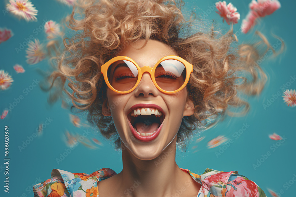 Portrait of a cheerful woman with blond curly hair and sunglasses