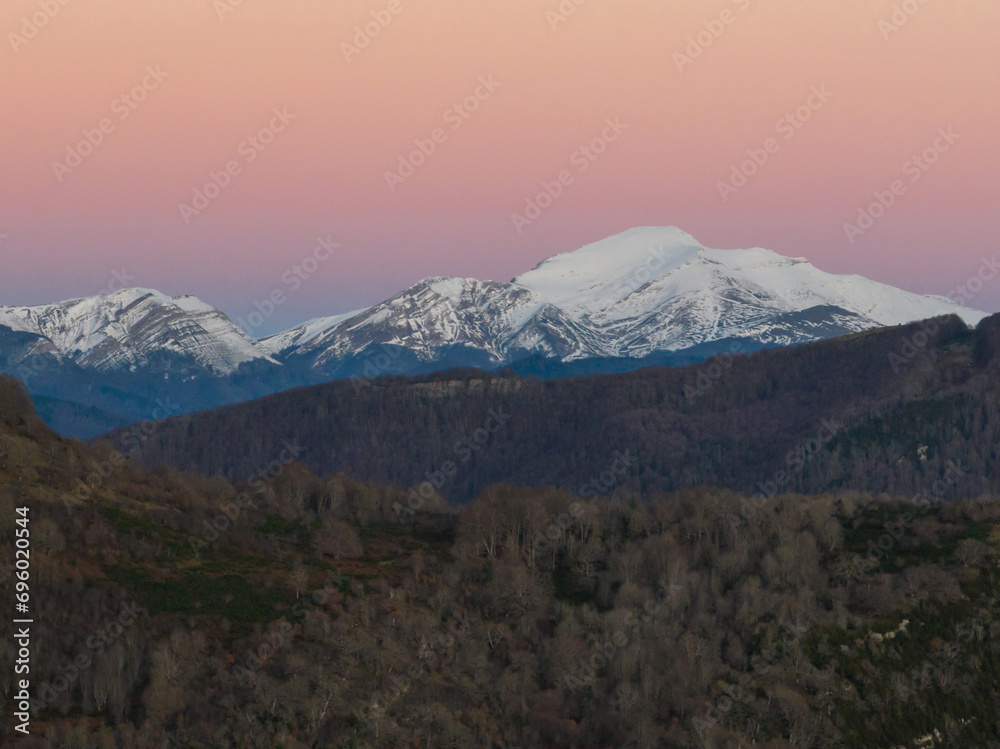 Snow-capped Orhi Peak at sunset. Salazar Valley. Navarrese Pyrenees