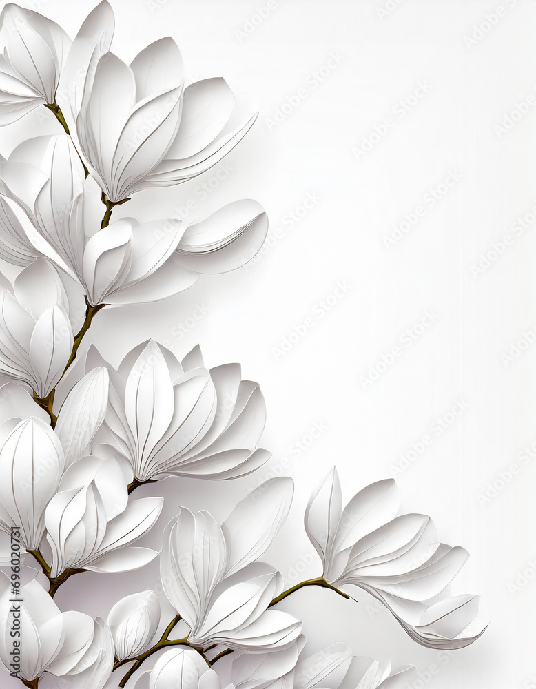 Białe wektorowe kwiaty Magnolii, białe tło, miejsce do wklejenia. Generative AI - obrazy, fototapety, plakaty 
