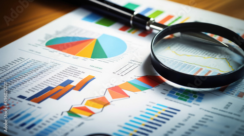Printed business documents with colorful charts and graphs being analyzed through a magnifying glass photo