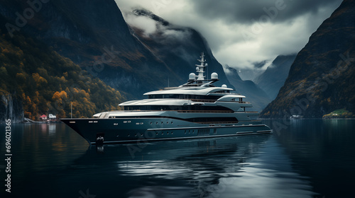 A luxury yacht located on a harsh Norwegian fjord. The concept of quiet luxury